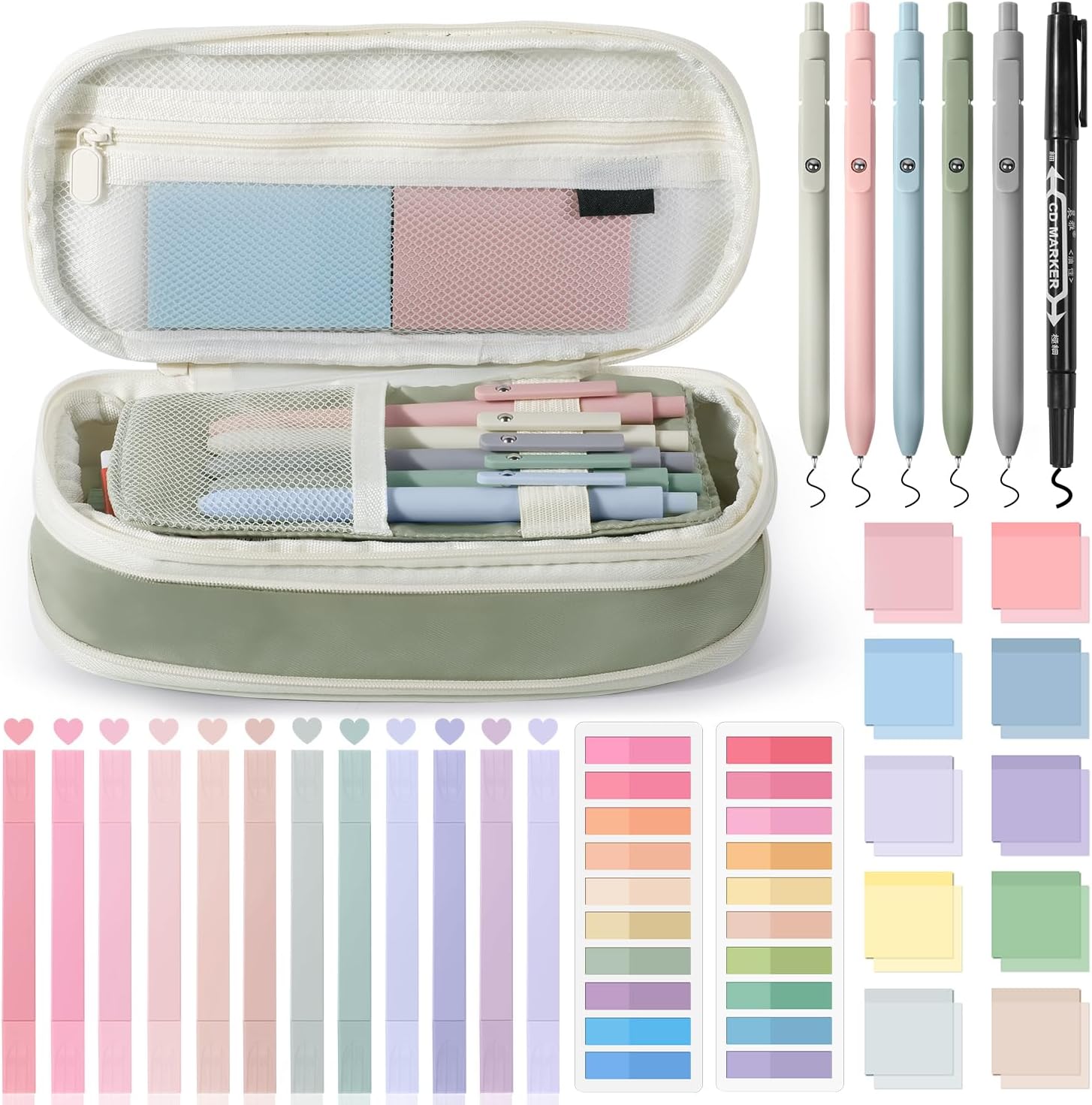 49Pcs Book Annotation Kit – Aesthetic School Supplies with Cute Pen Case Highlighters Gel Pens and Marker, Sheets Transparent Index Tabs Sticky Notes Bible Study Supplies(Green)