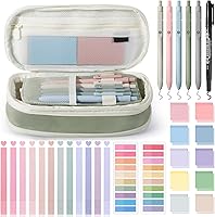 KOUDGY 49Pcs Aesthetic Book Annotation Kit: Cute Pen Case, Dual-Tip Highlighters, Gel Pens, Transparent Sticky Notes & Index Tabs (Green)
