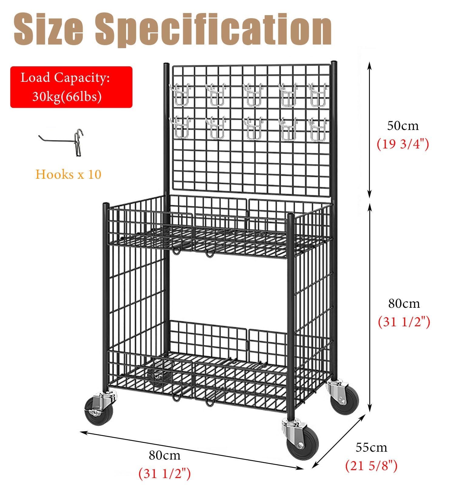 Puesto de Mercado Carritos de Comida Plegables de Metal Con Ganchos, Carrito Portátil para Puestos de Comida con Ruedas, Puesto de Venta Ambulante de Perritos Calientes Al Aire Libre(Black,Width-80cm(