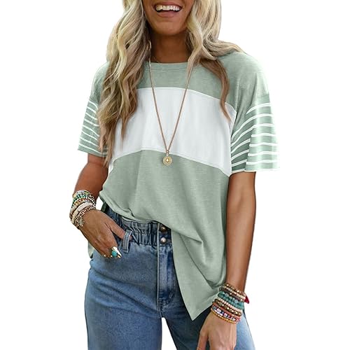 Dokotoo Short Sleeve Summer Tops Oversized 2025 Trendy Crew Neck Casual Color Block Womens Shirts Blouses