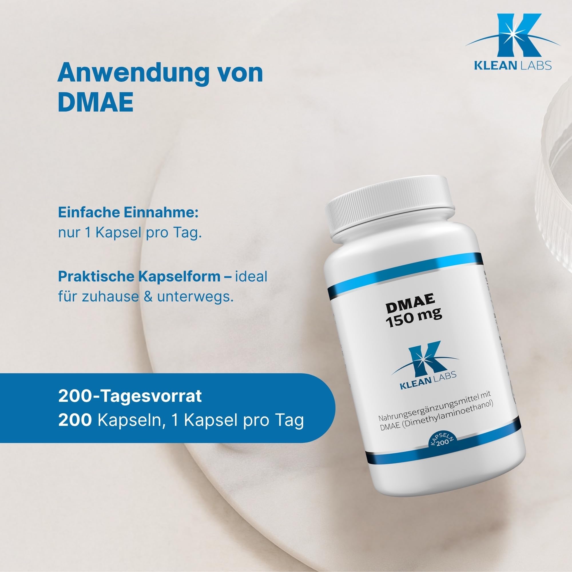 DMAE (Dimethylaminoethanol) 150mg pro Kapsel - 200 Kapseln - vegan, ohne Gentechnik, ohne unerwünschte Zusätze & hochdosiert