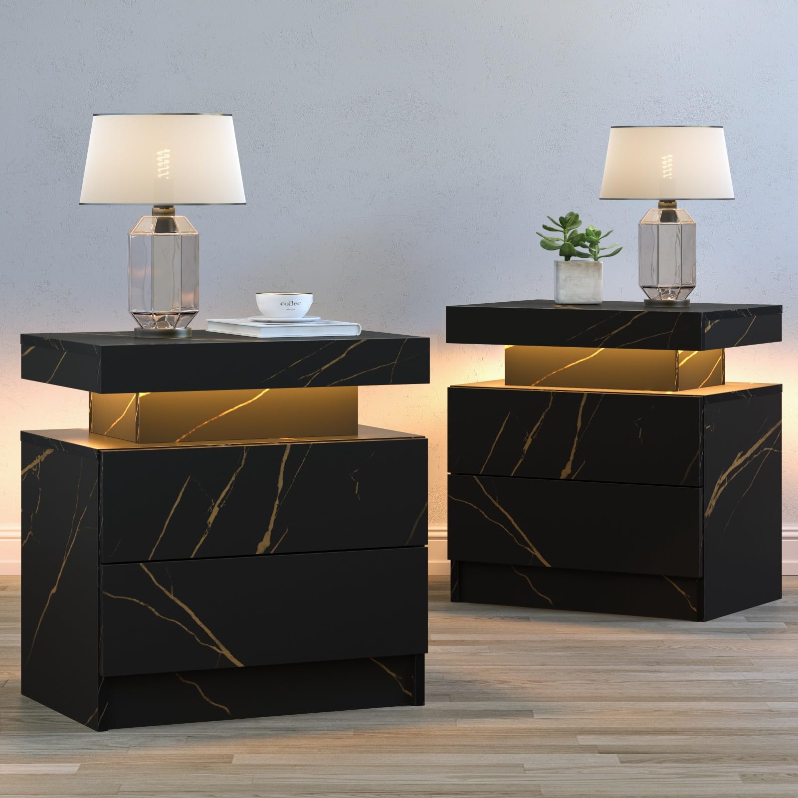 Cubehom LED Nightstands Set of 2, Modern End Table with 2 Drawers, End Tables for Living Room Bedroom Black