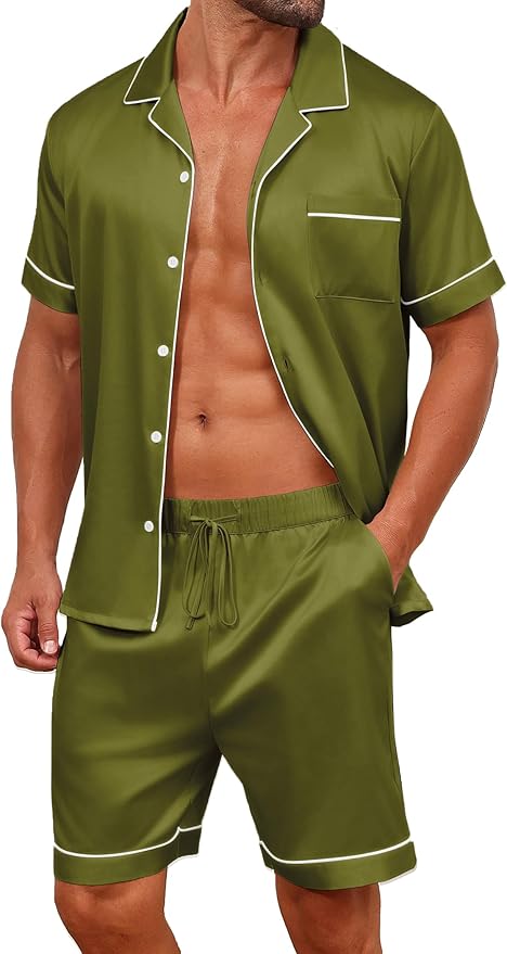 Vssjavun Mens Satin Silk Pajamas Sets Short Sleeve Button-Down Sleepwear Two Piece Loungewear with Pockets