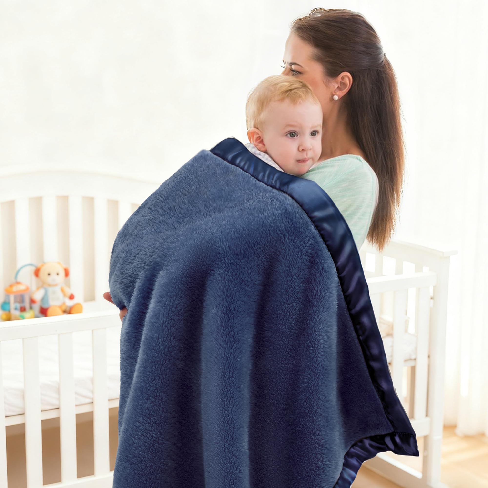Pro Goleem Fleece Baby Blankets for Boys with 2 Inch Satin Trim, Super Soft Plush Receiving Blanket for Infant Toddler Newborn, Cozy 30x40 Inch Crib & Stroller Blanket (Navy Blue)