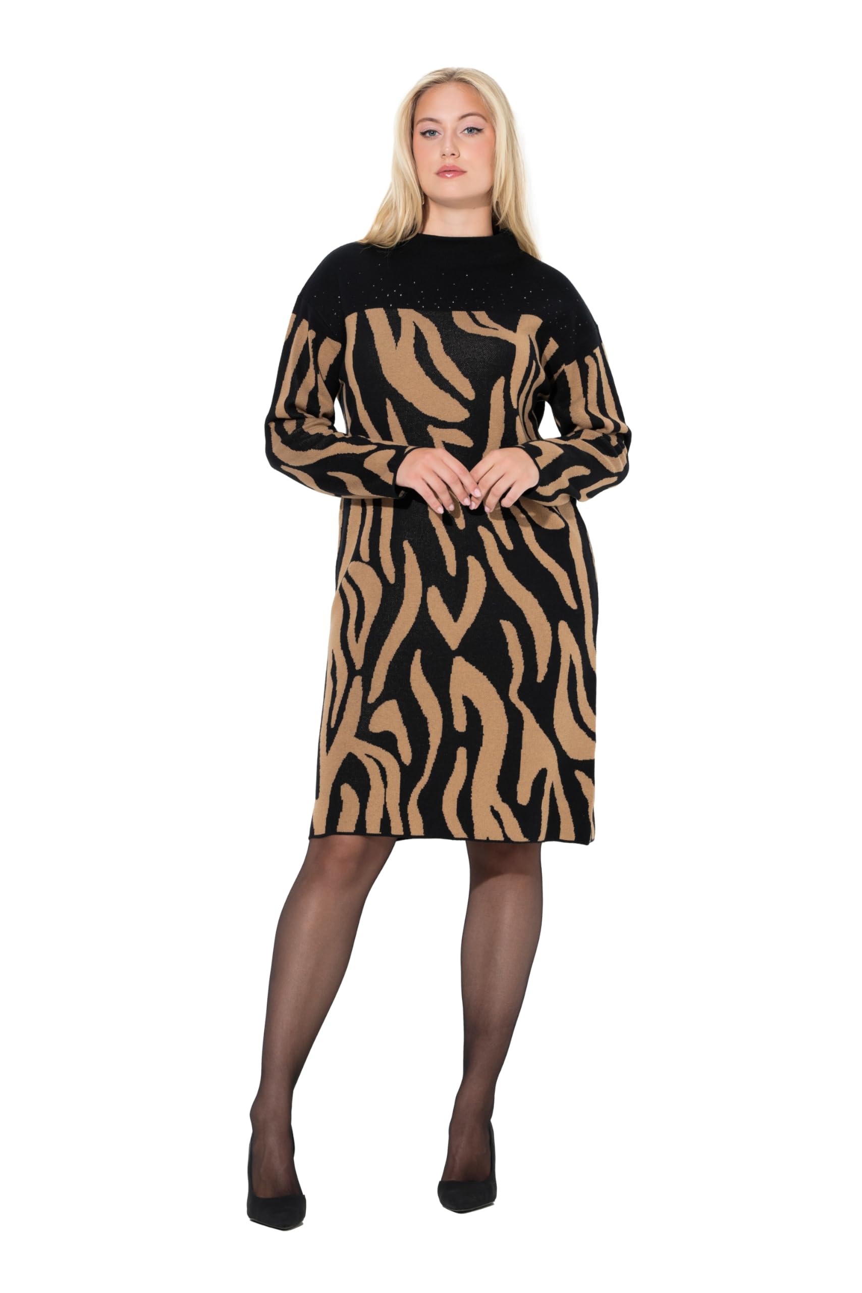 Ulla Popken Damen große Größen Übergrößen Plus Size Strickkleid, Zebra, Oversized, Stehkragen, Langarm 845378
