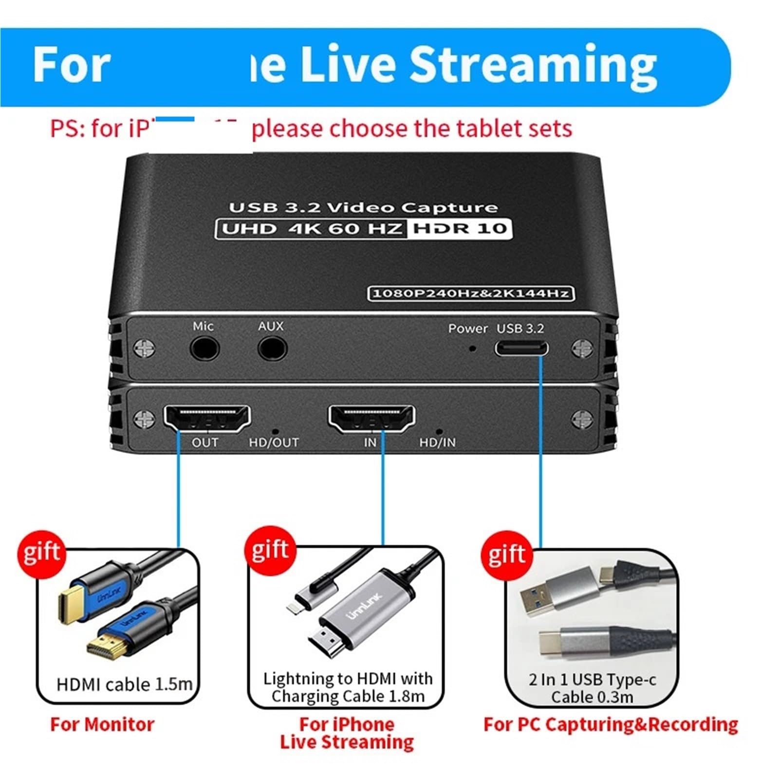 ZOZ03Y0 4K60 Fps USB 3.2 HDMI Video Capture Card 2K120Fps Game Recording Live Streaming Grabber for PS*4/5 Switch X*Box Camcorder(Apple Phone)