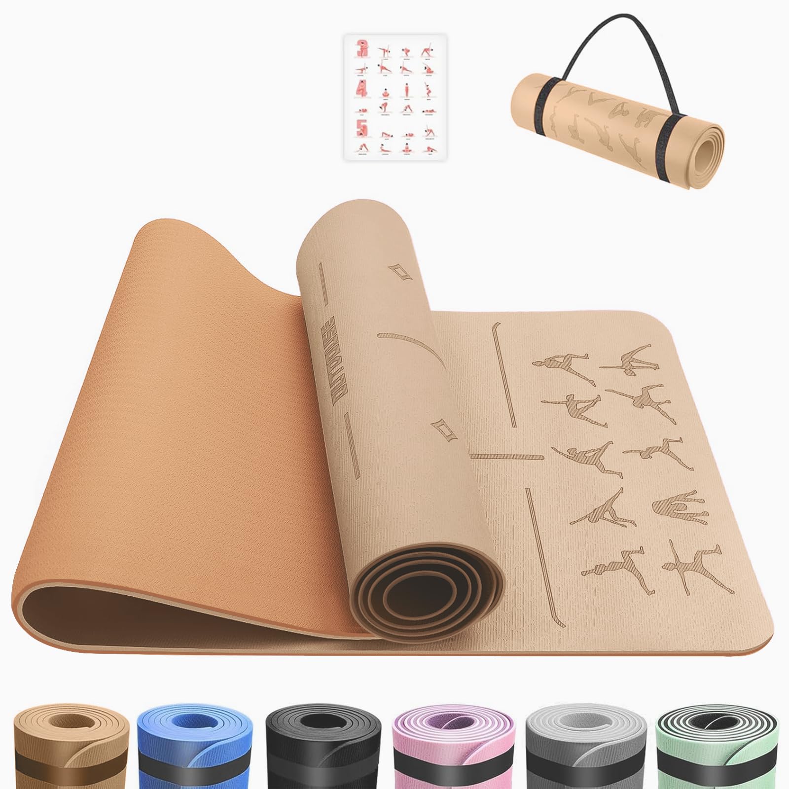Yoga Mat with Alignment Lines,TPE Sports Exercise Mat,Non-Slip,for Gymnastics,Pilates,Home, Travel,Gymnastics Mat with Storage Straps,Yoga Mats for Women and Men,183x61cm