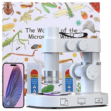 Coredy KM1 Microscope for Kids Students Adults, Up to 1-400x Zoom Adjustment with 8-Color Dyeing Light, EDU Set