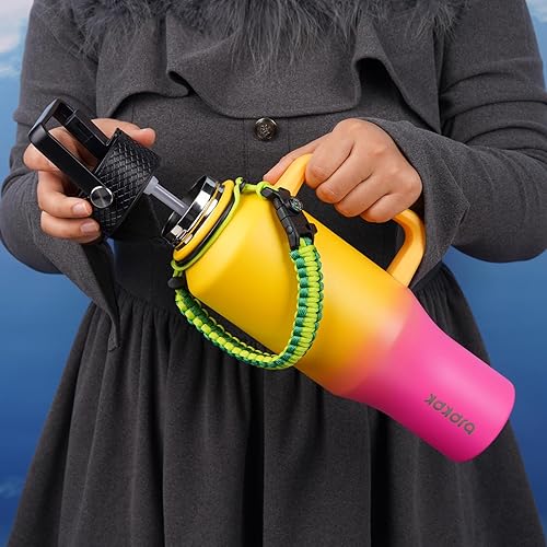 Miniatura 7 de BJPKPK - Botellas de agua aisladas con tapa de popote, botella de agua de metal de 40 onzas con 2 tapas y correa de paracord, vaso de acero