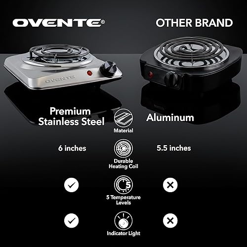 Miniatura 4 de OVENTE Quemador eléctrico individual para encimera, placa de cocina de 1000 W con placa caliente de bobina de acero inoxidable de 6 pulgadas,