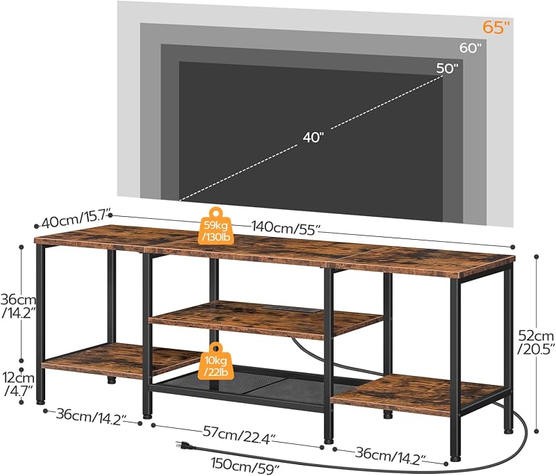 HOOBRO TV Stand with Power Outlets to 65 Inches, TV Console Table with Open Storage Shelves, Industrial Media Entertainment Center for Living Room Bedroom, Rustic Brown and Black BF40DS01 image 2