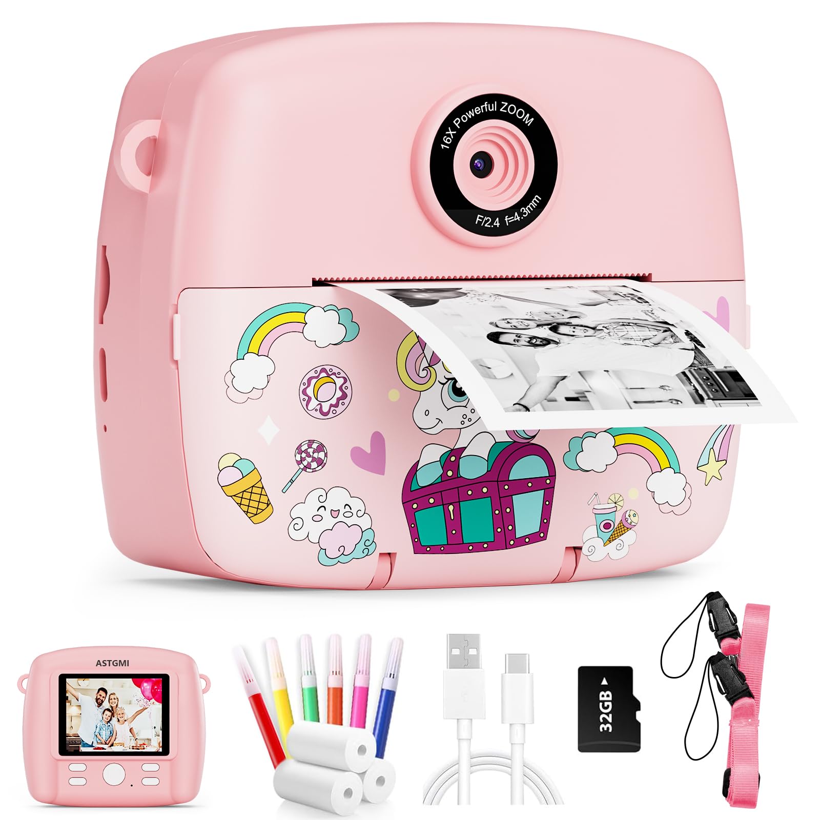 Instant Camera Children, Children's Camera Compact Cameras 1080P HD Instant Printing of Photos, Birthday Gift, Christmas Gift Toy from 3 4 5 6 8 7 9 10 11 Years Girls Boys 3 Rolls Photo Paper