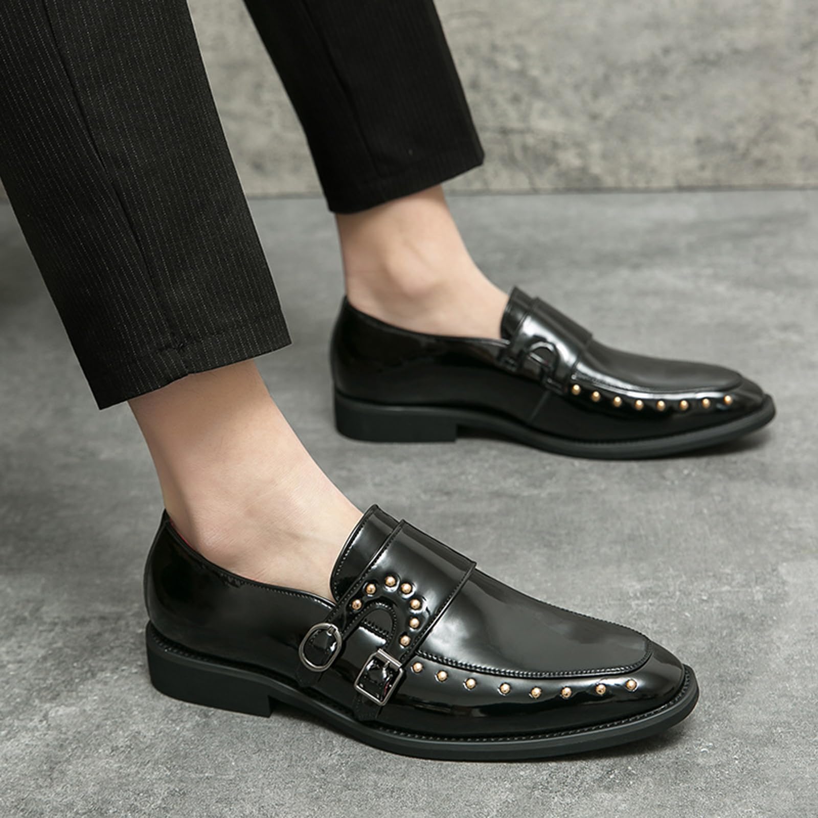 Zapatos De Vestir Brillantes De Hombre con Hebillas Dobles Y Tachuelas Mocasines para Fiesta Boda O Esmoquin Fáciles De Poner