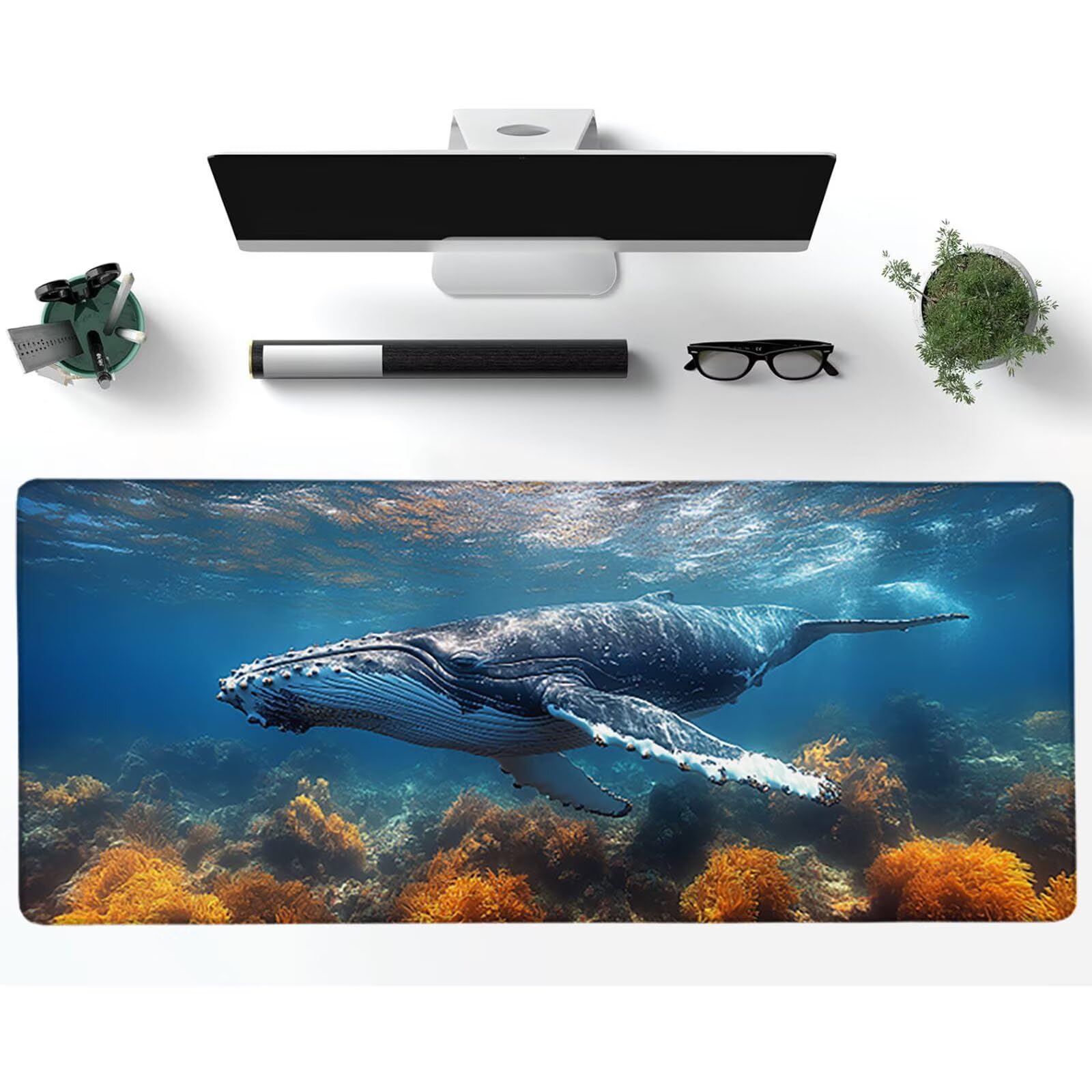 Tappetino Mouse XXL Balena, Oceano Gaming Tappetino Scrivania 1200x600x3mm, Mousepad Grande con Base in Gomma Antiscivolo, Sottomano Scrivania con Bordi Cuciti, Ufficio Accessori Gaming, per PC T-7582