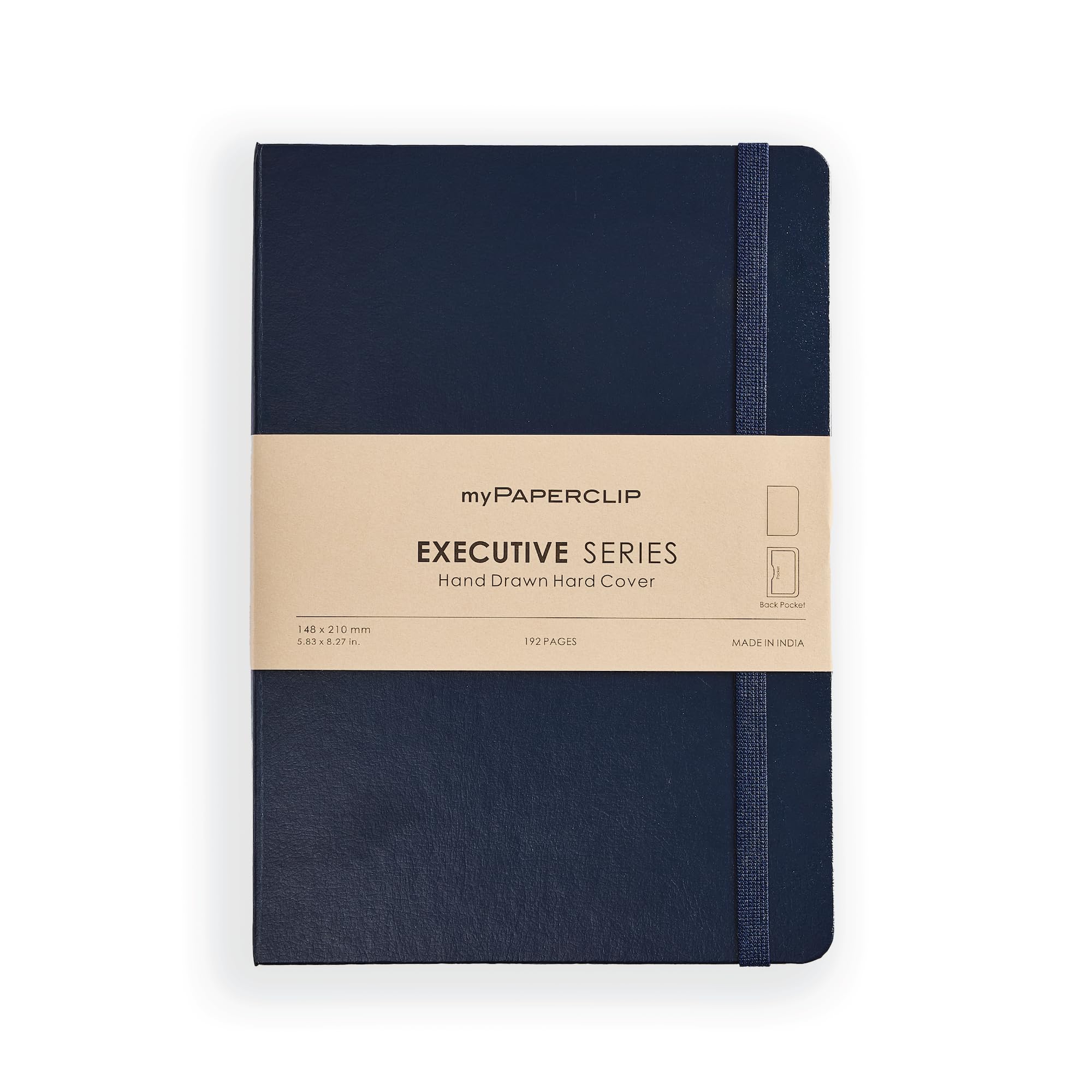 myPAPERCLIP Executive Series Notizbuch, A5, blanko, 192 Seiten, 80 g/m², fester Einband, A5 (12,7 x 21 cm), flach, Lesezeichen, Gummibandverschluss und Rücktasche, Blau