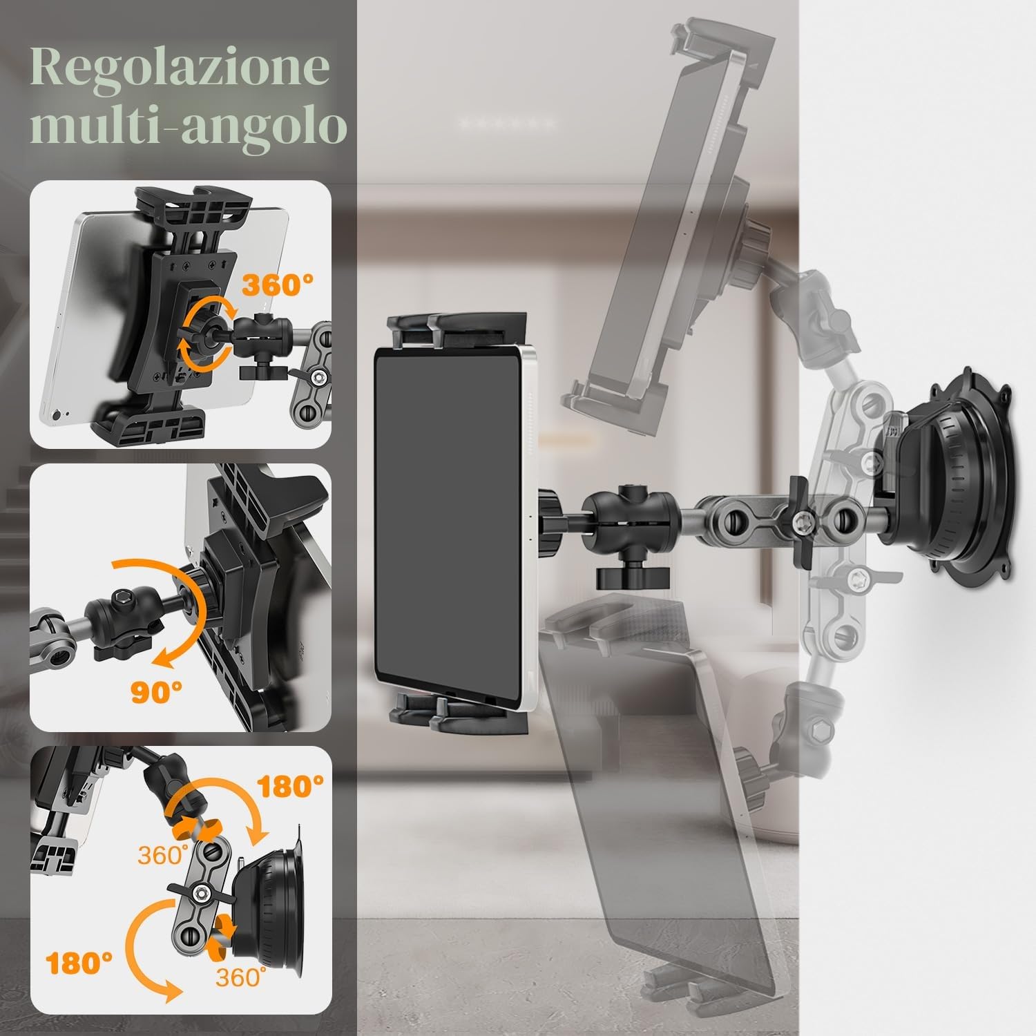 Supporto Tablet Auto 360° Regolabile per iPad/iPhone/Smartphone 4,7-12,9" Cruscotto Muro Scrivania