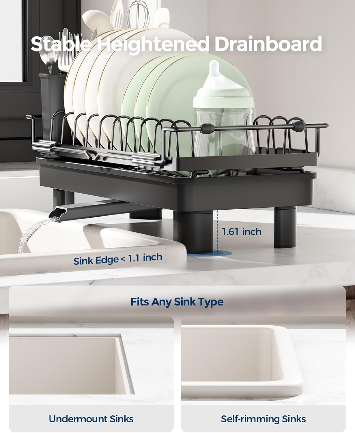Nacial 2-in-1 Small Dish Drying Rack Fits 14''–21.8'' Sink, Dish Drainers for Kitchen Counter Extend Kitchen Sink Drain Basket with Utensil Holder & Auto-Drain Tray, Stainless Steel Plate Rack, Black