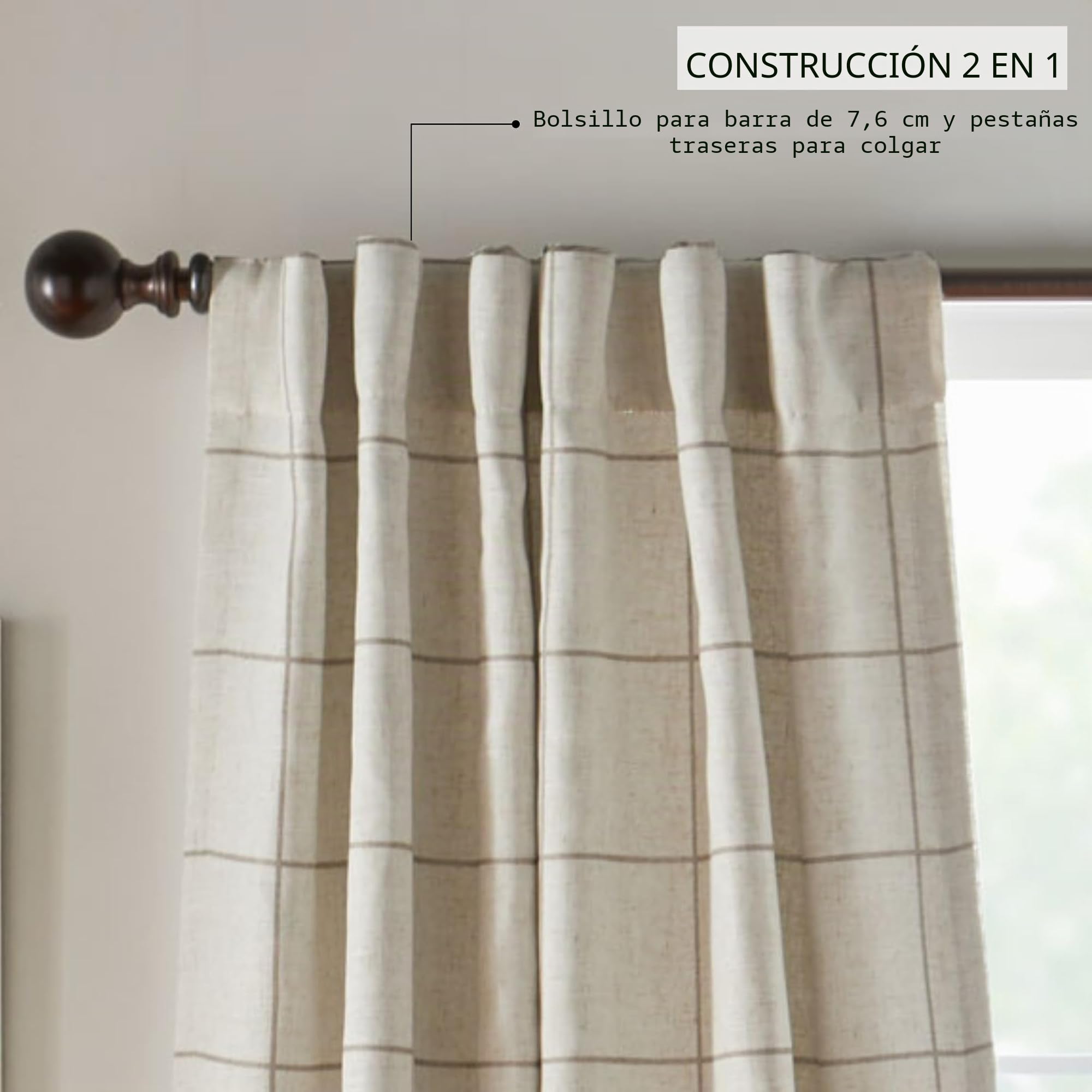 Elrene Home Fashions Brighton - Cortina Opaca a Cuadros para Ventana de Sala de Estar y Dormitorio, con pestañas de Bolsillo para Barra, 52 x 84 Pulgadas, Lino, 1 Panel