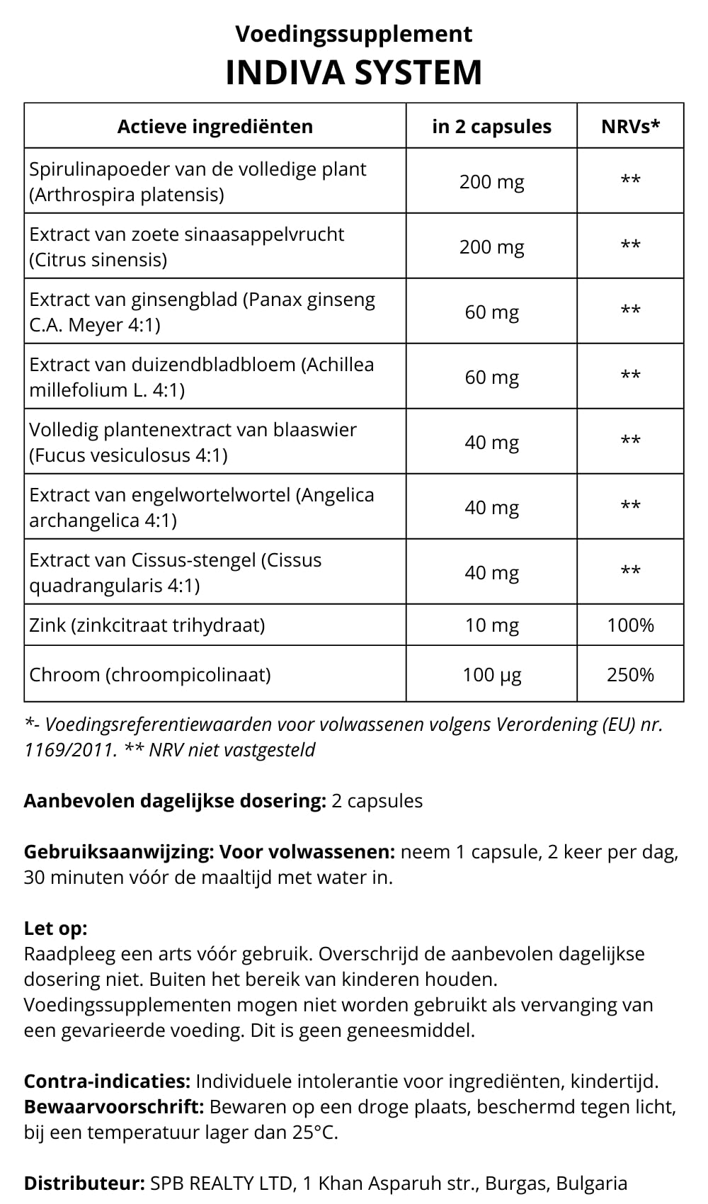 Indiva System, Integratore Alimentare 30 Capsule, con Spirulina e Caffeina