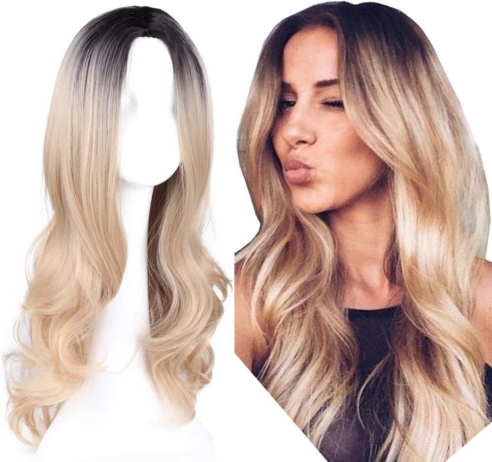 Favor Black And Blond Ombre Long Body Wave Heat Resistant Synthetic Middle Part Cosplay&Daily Wear Full Wigs For Women With Free Wig Cap