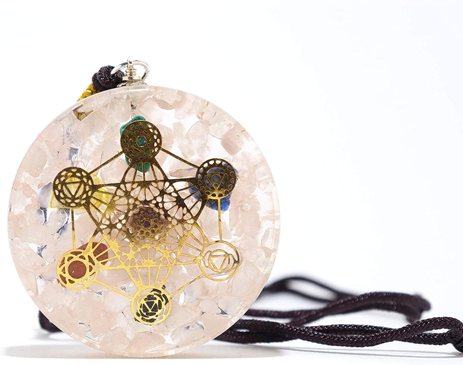 Jet Handmade Rose Quartz Orgone Chakra 3rd Eye Activation Chakra Balancing Metatron's Cube Round Gemstone Pendant 2 Inch Approximately Diameter
