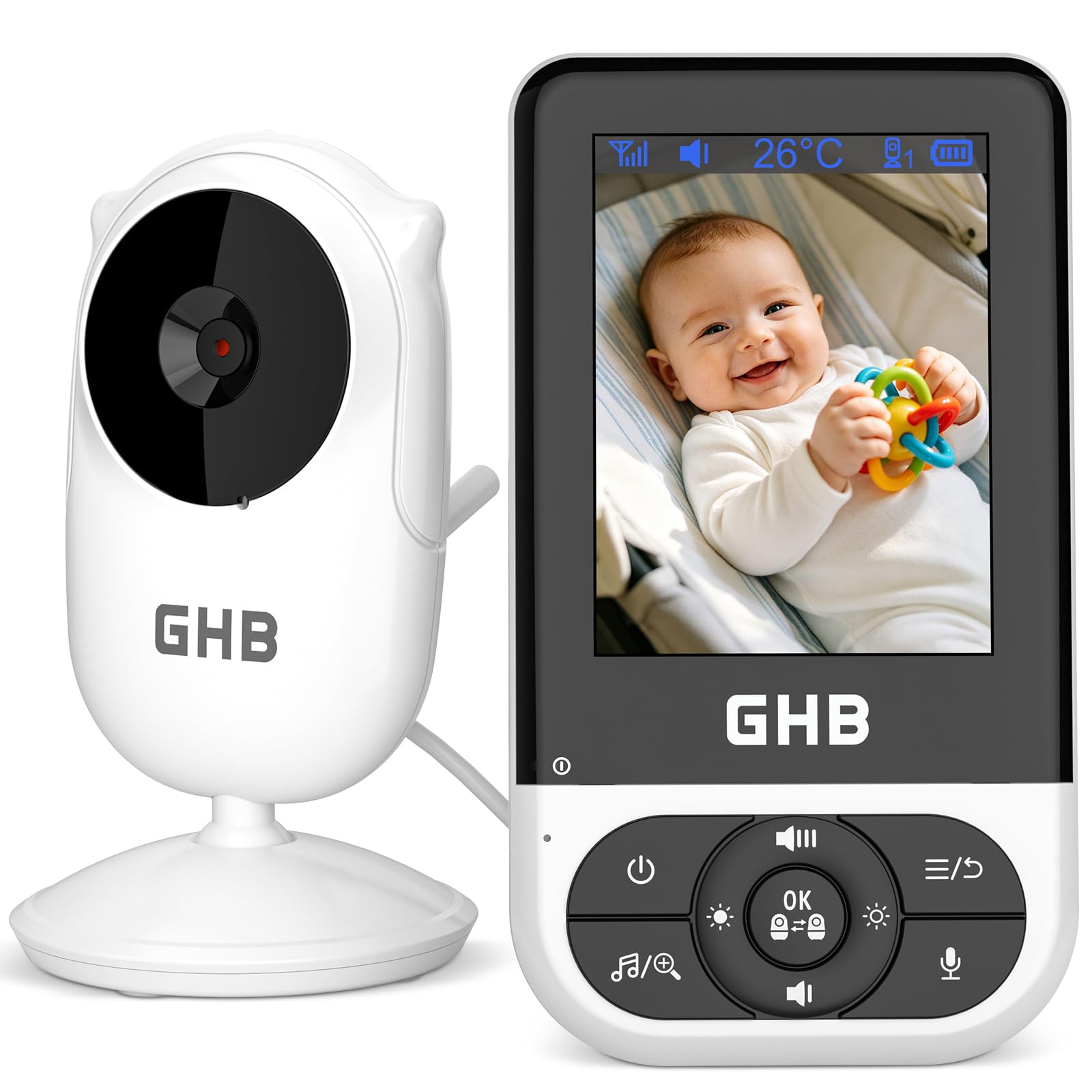 GHB Baby Monitor Video e Audio 2,8'', Telecamera Bambini con Monitor Visione Notturna, Audio Bidirezionale, Rilevamento della Temperatura, Promemoria per l'alimentazione, Ninna Nanna, Nero