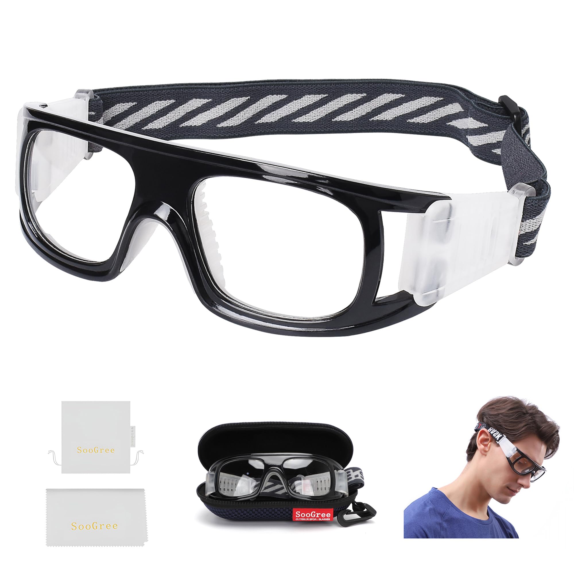 SooGree Occhiali sportivi per adulti, occhiali protettivi da corsa, basket, calcio, assorbimento degli urti, cinturino regolabile