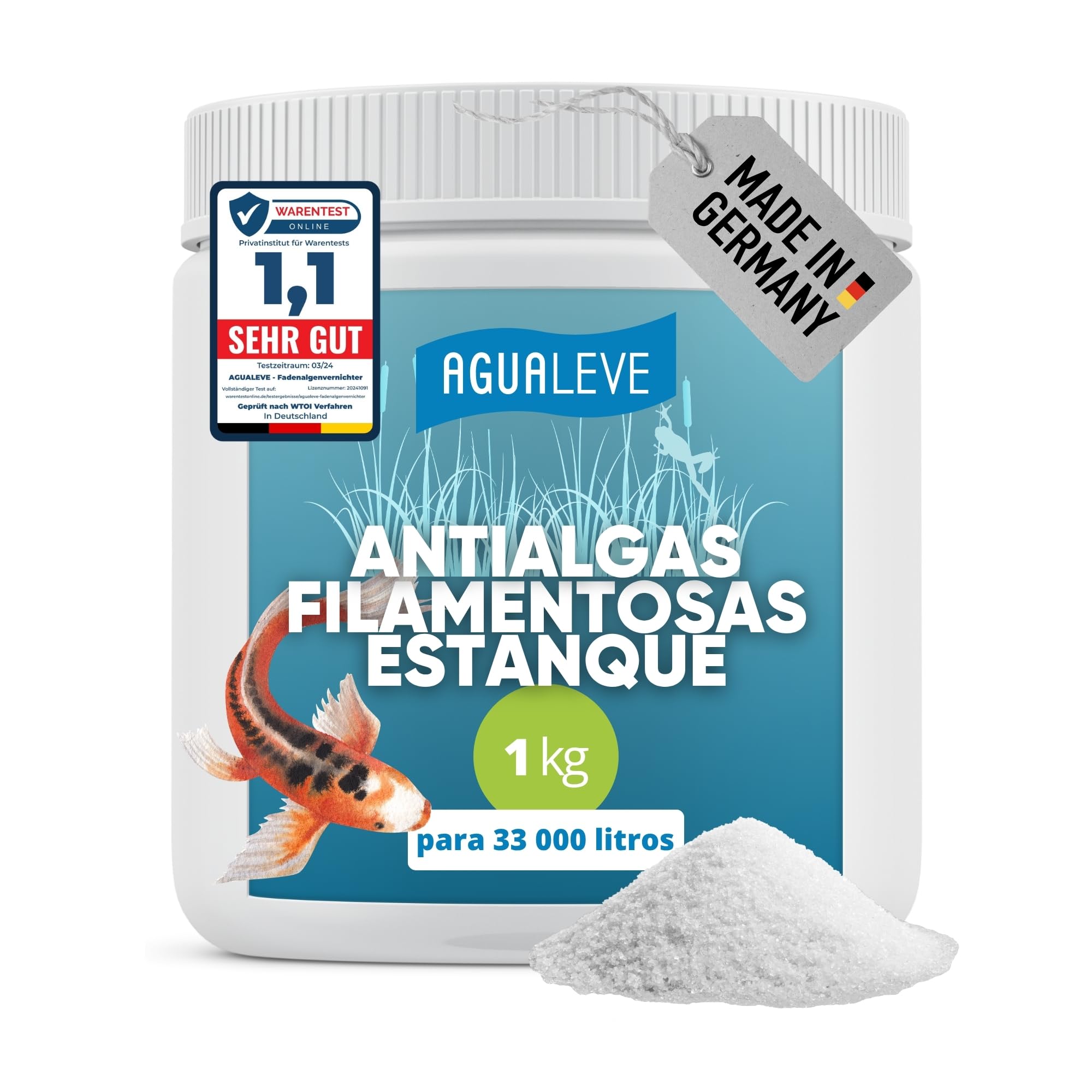AGUALEVE® Eliminador de algas filamentosas 1 kg NUEVO | extremadamente eficaz contra las algas filamentosas gracias a la innovadora fórmula Oxígeno Activo 2.0 | Made in Germany | para 33.000 l de agua