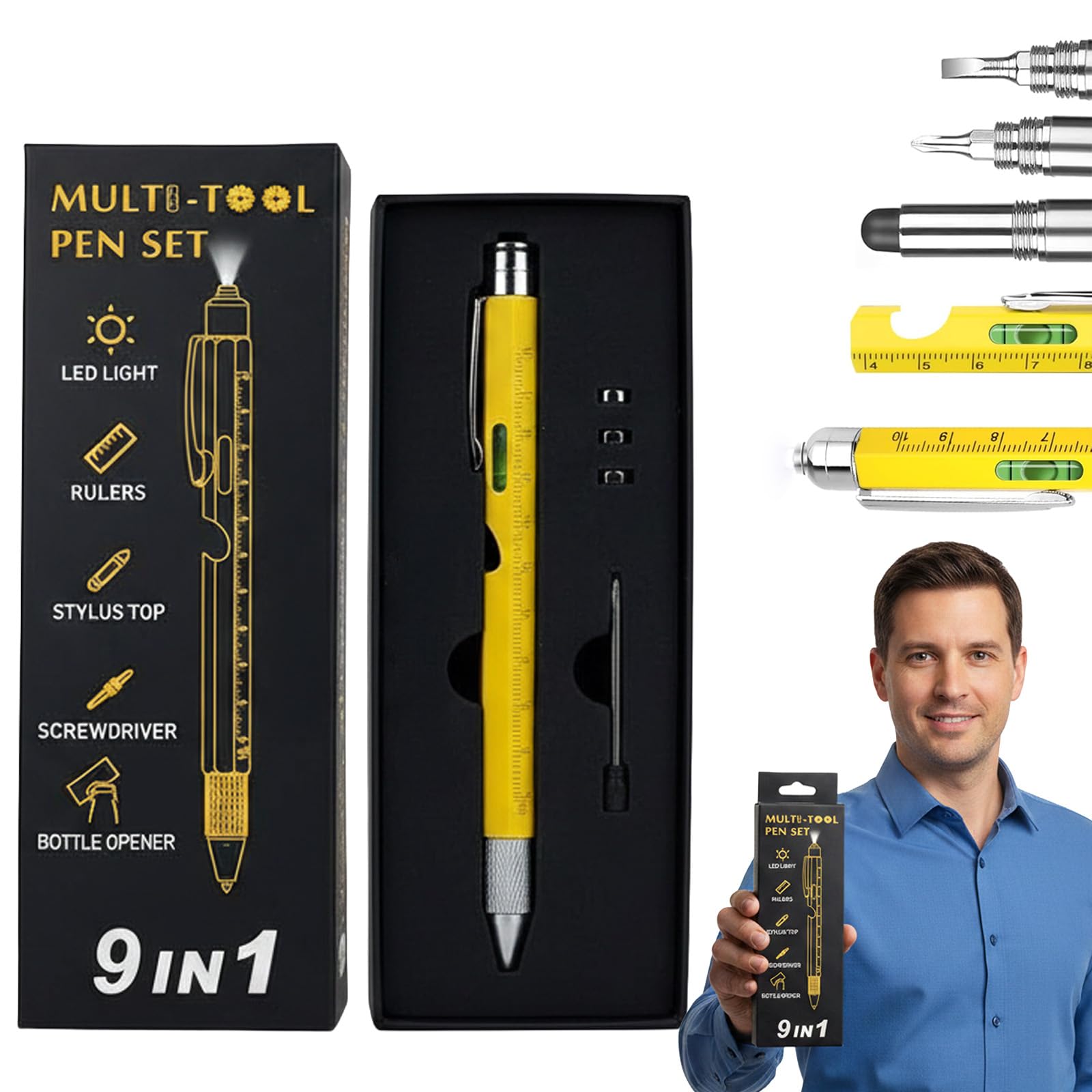 YuanVellora Multi Tool Pen - 9 In 1 Gadget Pen With LED Light, Screwdrivers, Spirit Level, Stylus, Ruler And Phone Stand, Dad Gifts, Gifts For Him, Fathers Day Present For Men, Grandad, Husband