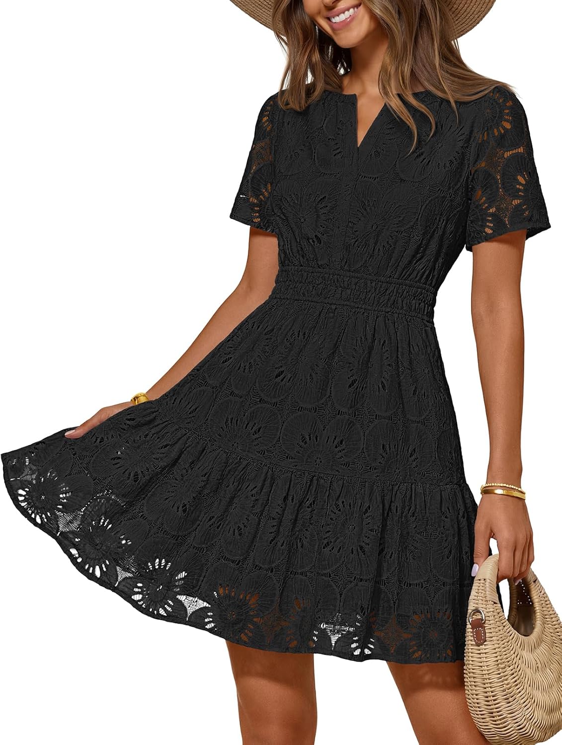 MEROKEETY Women's Spring Summer Lace Boho Dress 2026 Short Sleeve Eyelet Floral Ruffle A Line Vacation Beach Mini Dresses