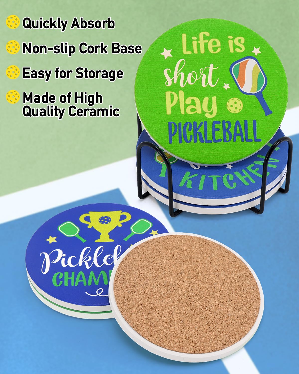 Pickleball Drink Coasters - Absorbent Coaster Set For Game Day & Home Use - View #8
