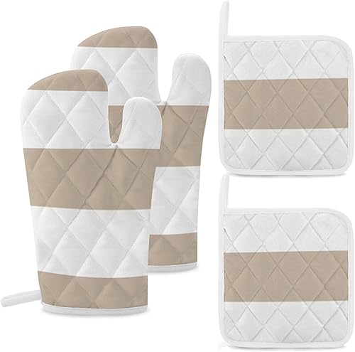 Juego de 4 guantes de horno y soportes para ollas, color beige y blanco a rayas resistentes al calor, juego de guantes de cocina para cocinar