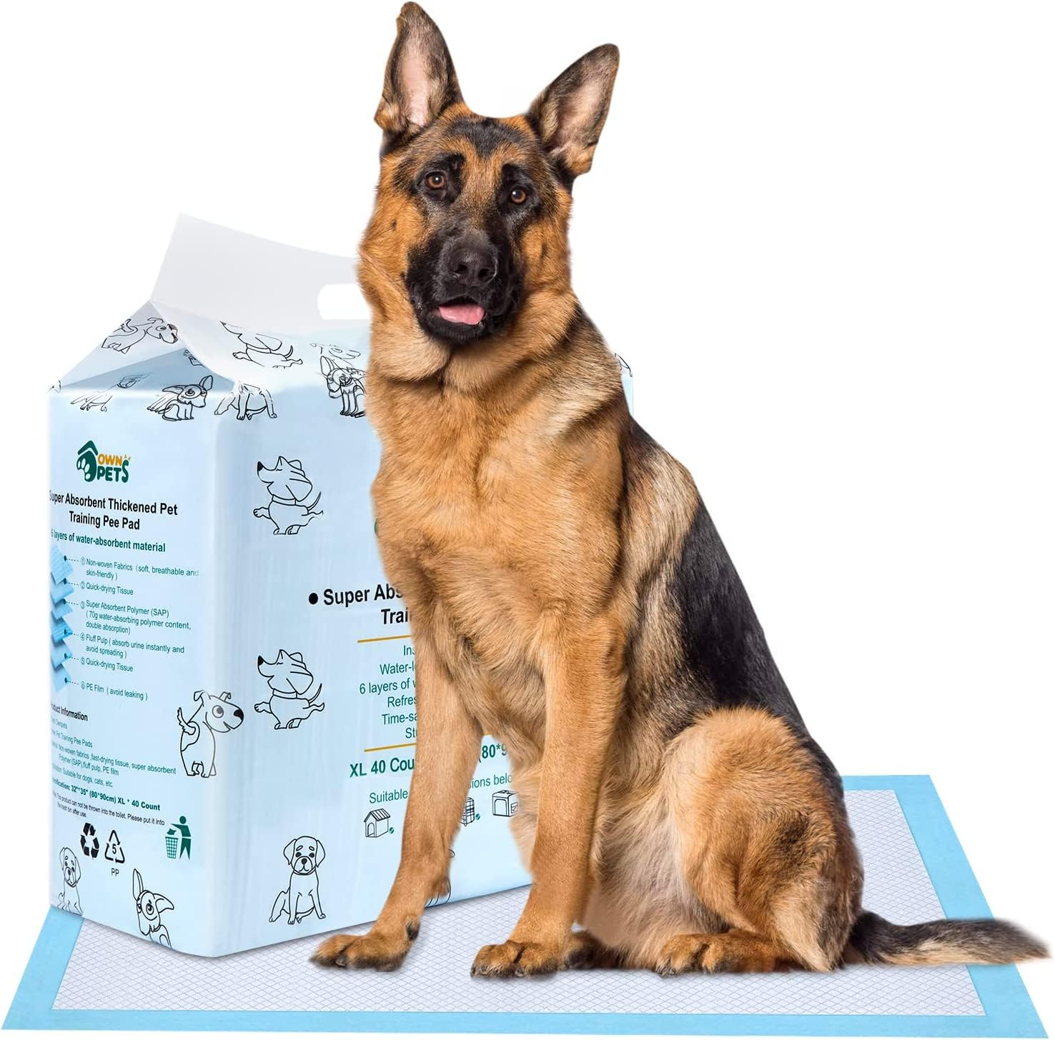 Ownpets Empapadores Perros, 80x90cm, Paquete de 40, Desechable, Secado Rápido,6 Capas, Azul, XL