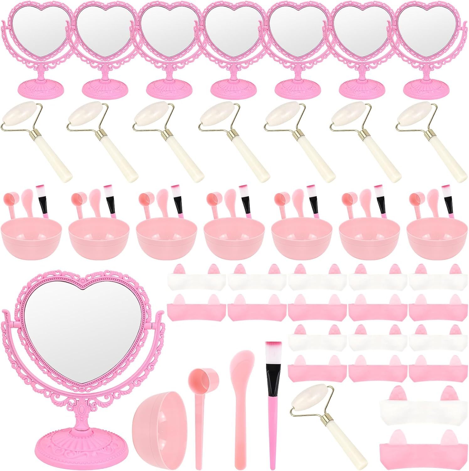 64Pcs 8 Set Spa Party Supplies for Women Spa Party Favors Bulk Include Heart Shaped Mirrors Jade Roller Face Mask Mixing Bowl with Stick Headbands Pink Birthday Gifts Sleepover Parties Supplies