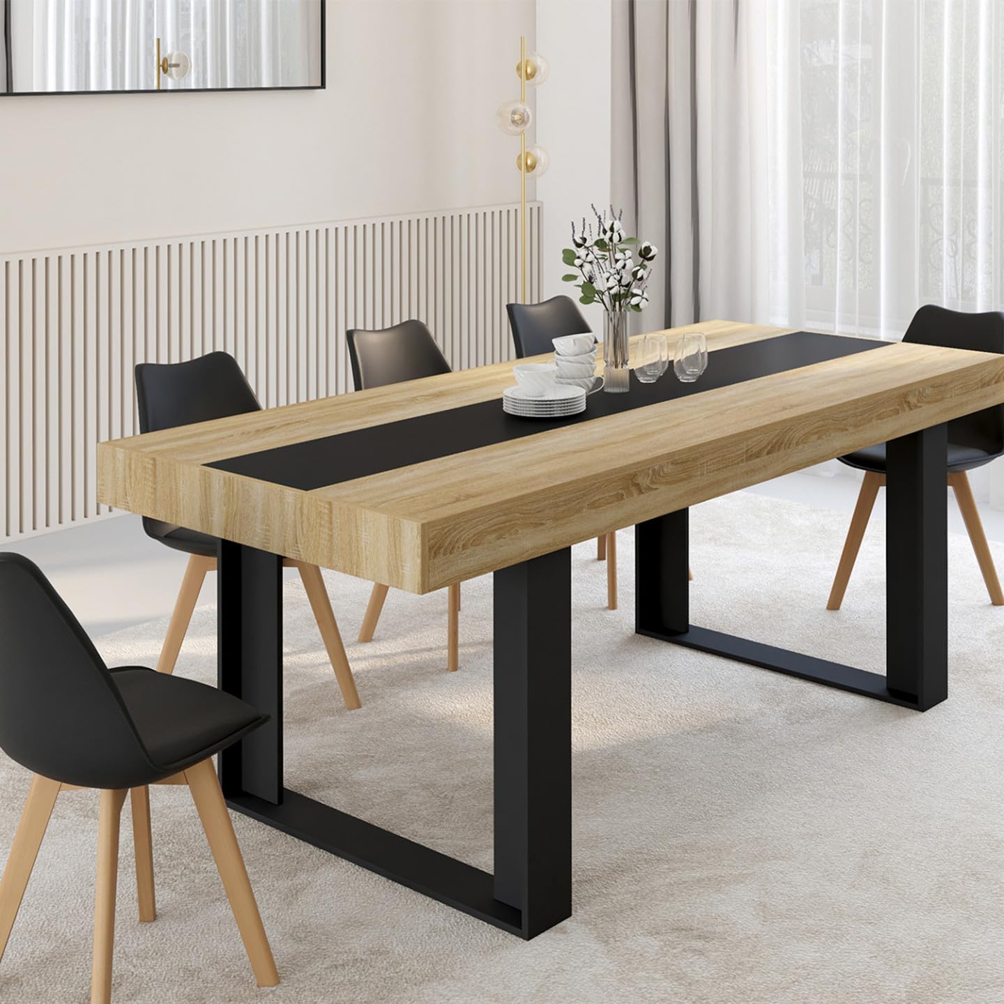 IDMarket - Table à Manger Rectangle Phoenix 8 Personnes Bois et Noir Bande Centrale Noire 200 cm