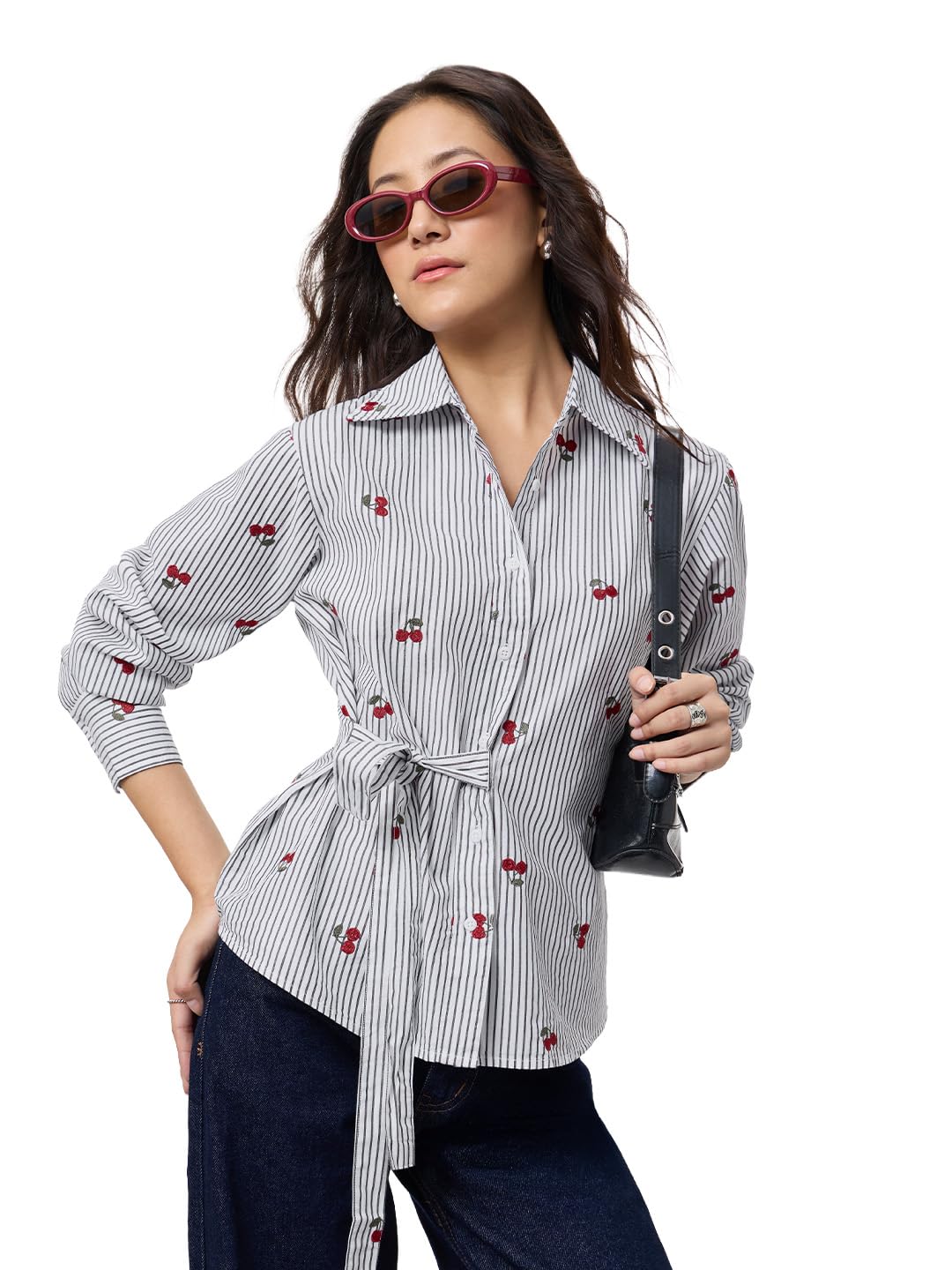 Cherry Pop Women and Girls Full Sleeves Spread Collar White Base with Black Vertical Pinstripes Embroidered Cotton Relaxed Fit Adjustable Waist Tie Button-Down Shirt-image-34