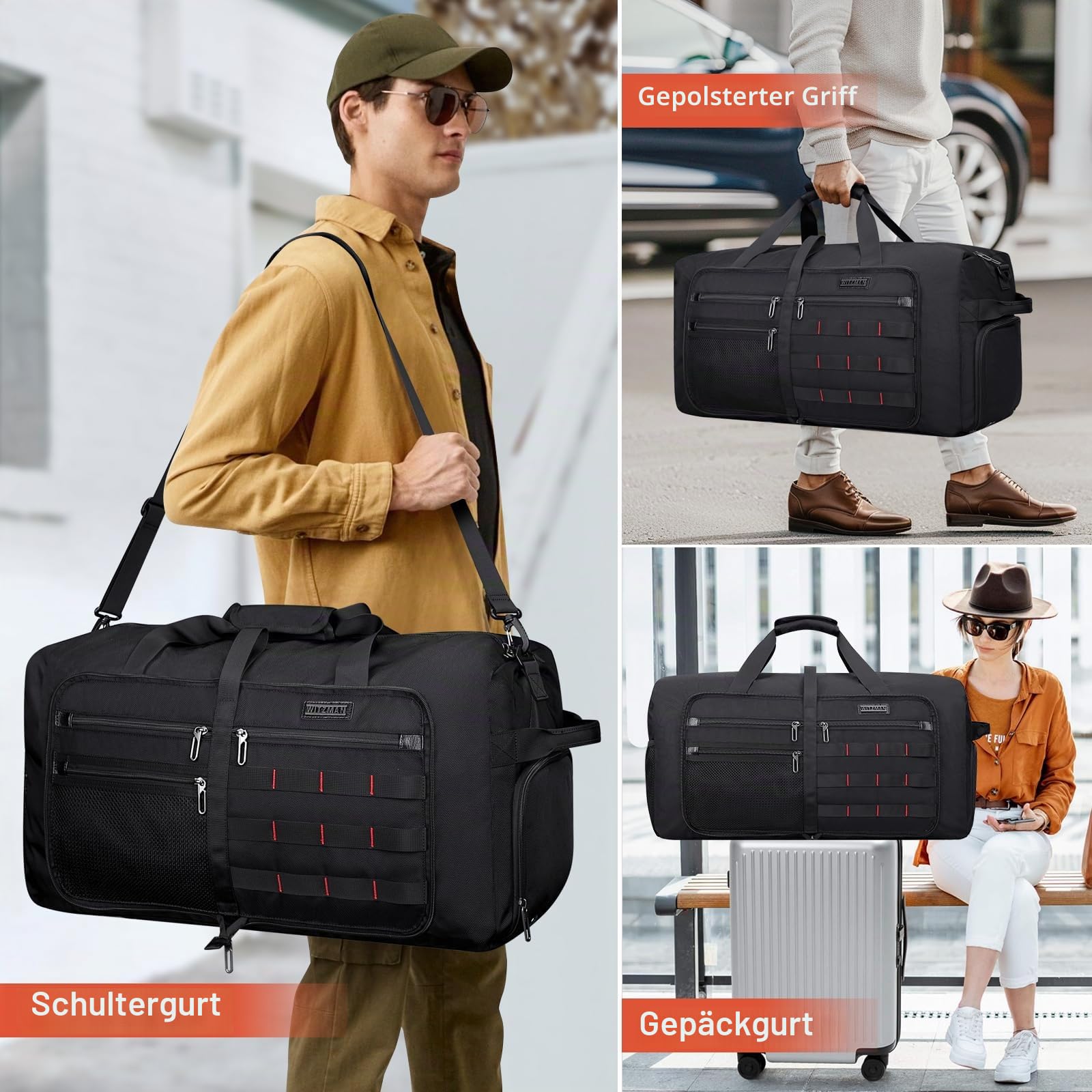 WITZMAN Faltbare Reisetasche Herren 65L Leicht Weekender mit Schuhfach | Nylon, Zusammenfaltbar für Platzsparende Aufbewahrung, Vielseitig für Gym, Wochenend, Sport, Übernachtung, B697 Schwarz