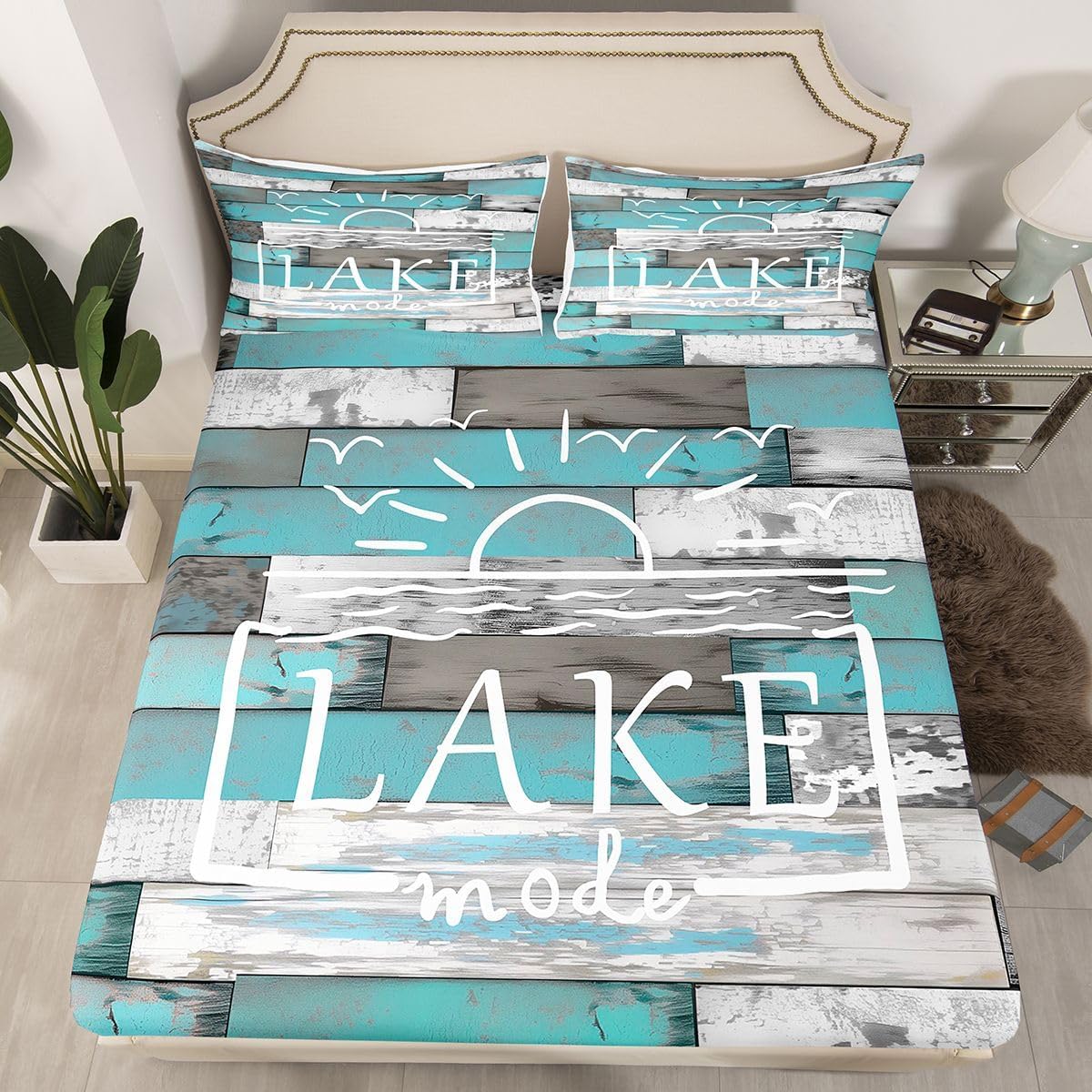 Lake Life Decor Sheet Set Cute Sun Sketch Sunset Flat Fitted Sheet,Retro Lake Cabin Decor Watercolor Wood Plank Bed Sheets Set Queen Lake House Gifts,Farmhouse Style The Lake House Decor for The Home