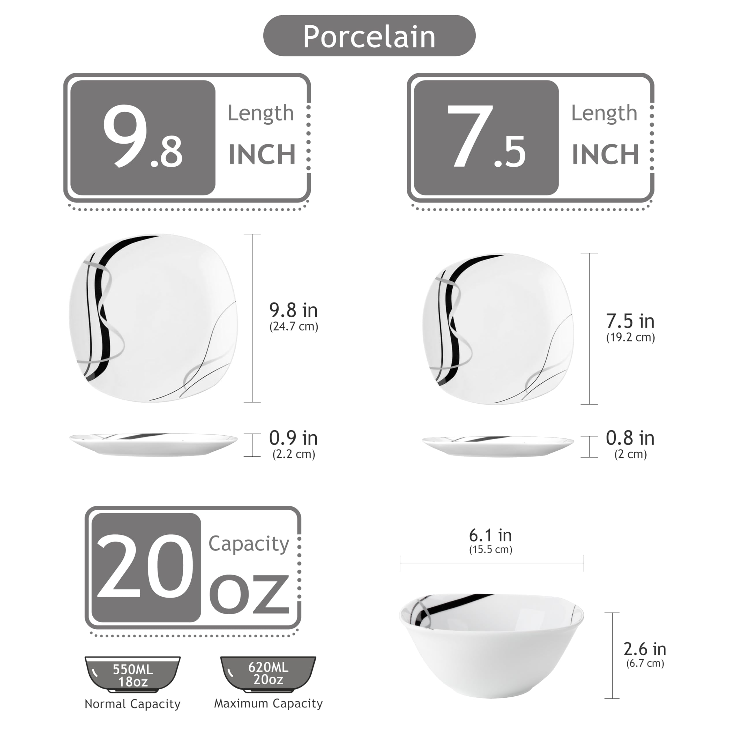 VEWEET Juego de platos y cuencos, vajilla de porcelana para 4, juego de 12 platos que incluye platos llanos, platos de postre y cuencos de cereales, serie Fiona