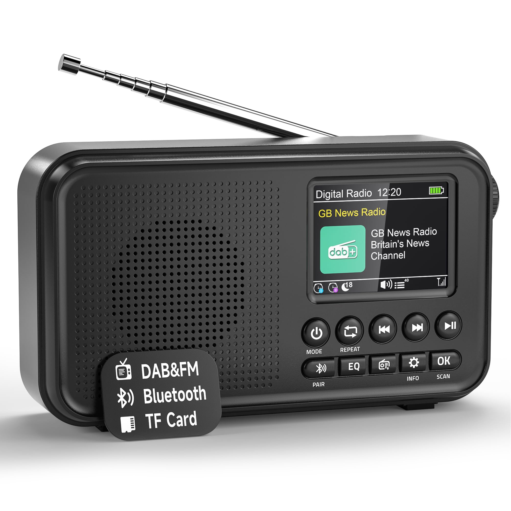 Roxicosly Portable DAB+/DAB/FM Digital Radio with Bluetooth, 3000mAh Rechargeable Battery & USB-C Mains, 2.4" TFT Colour Display, 80 Presets, EQ, AUX, MicroSD Slot, Dual Alarm, Snooze & Sleep Timer