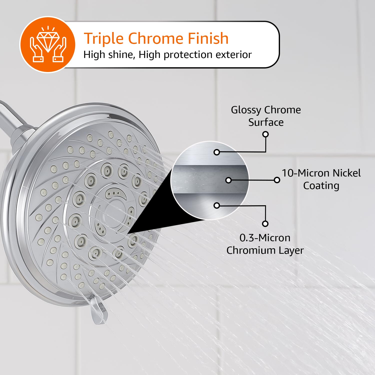Amazon Basics Shower Head for Bathroom | Round Multifunction 5-Spray Overhead Shower | Wall Mount Bathroom Shower with Pause Function, Chrome Finish, 3.9 Inches Wide Sprayface, CHROME finish 2