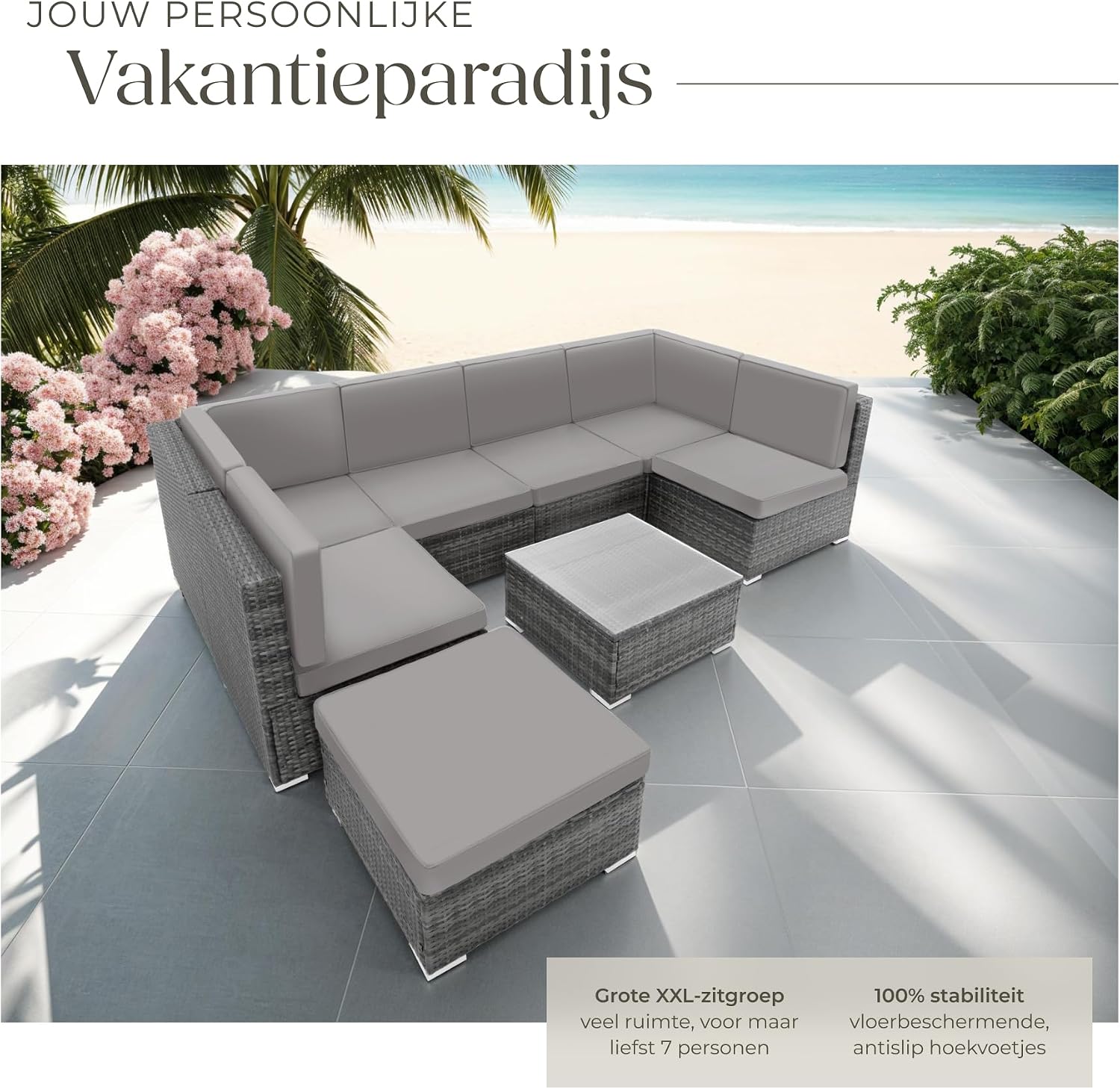 Image showing the tectake Rattan Lounge Set XXL in various weather conditions, highlighting weather resistance and stainless steel components