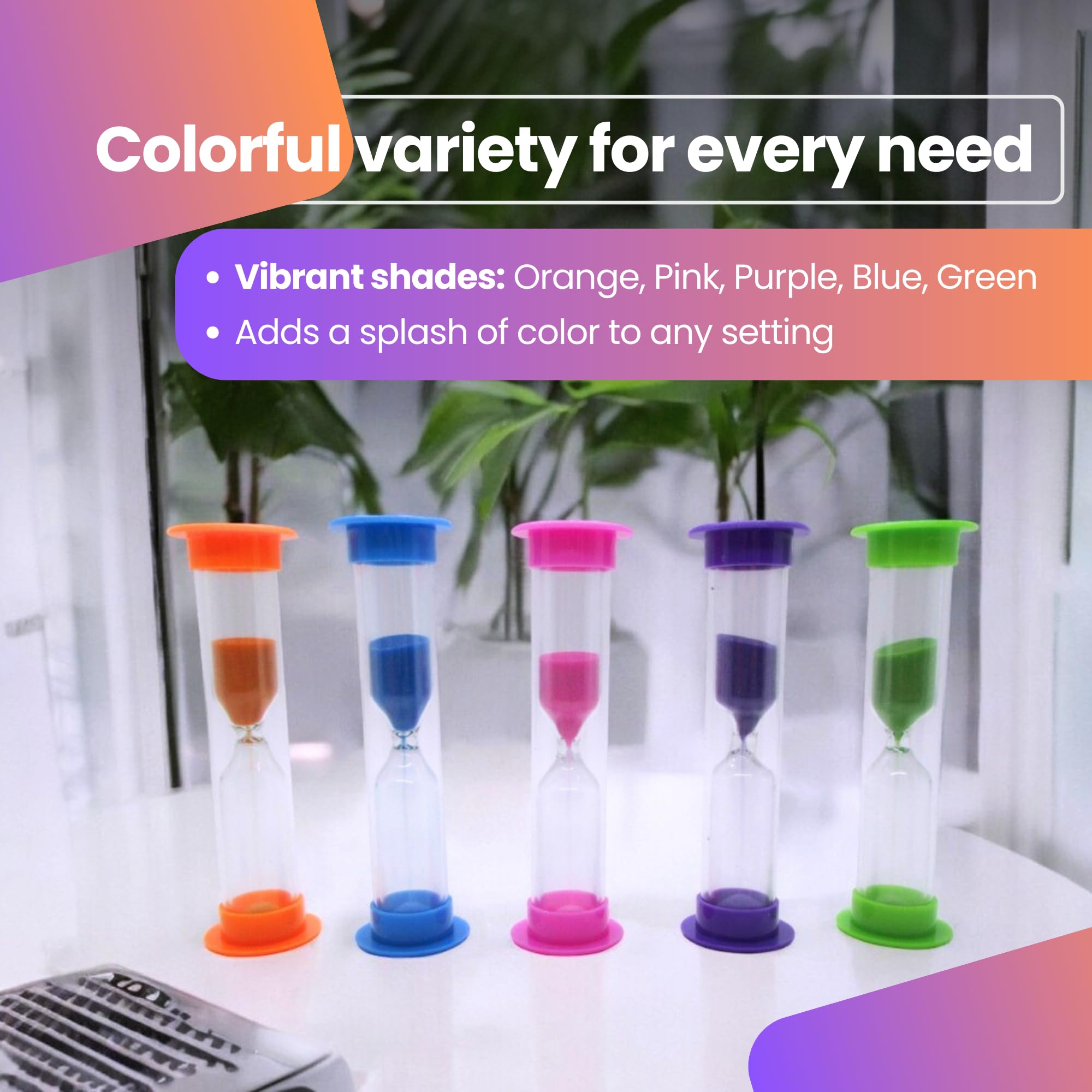 Gadgetime USA Hourglass Sand Timer - Set of 5-2 Minute Sand Timers in Orange, Pink, Purple, Blue, Green - Premium Sturdy Material, Beautiful Design & Novelty Gift - Image 3
