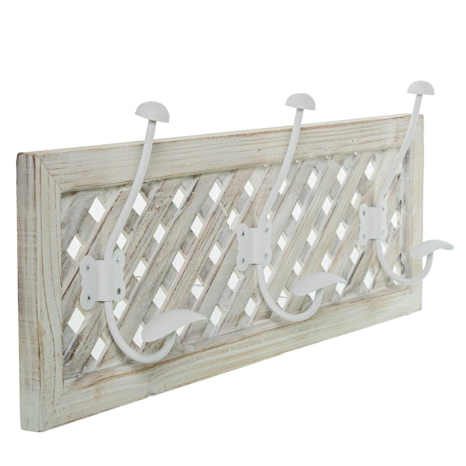 DRW Porte-manteau mural en bois avec 3 crochets en métal blanc et noir 60 x 10 x 24 cm