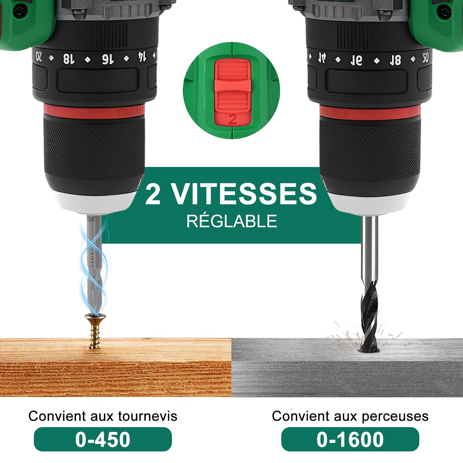 Perceuse Visseuse Percussion Sans Fil, 16,8V 50Nm Mini Visseuse Devisseuse Sans Fil Avec 2 Batteries 2.0Ah, chargeur, 20+1 RéGlages De Couple, 2 Vitesses, 10mm Porte-Forets Pour Vissage,Perçage