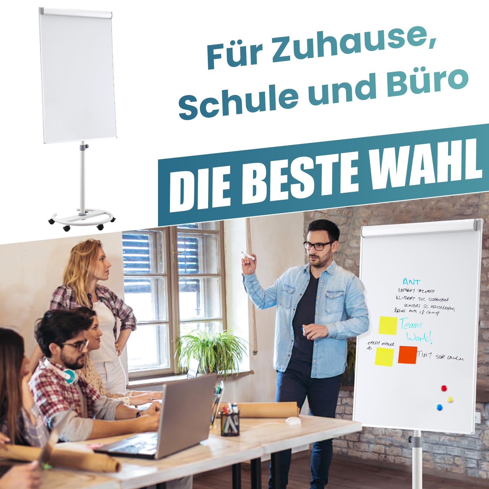 MAKELLO Flipchart Ständer 100x65cm Whiteboard mit Rollen, Höhenverstellbar | Rundfuß mit 5 Feststellbaren, Magnethaftend, Trocken Abwischbar, Inkl.20 Blatt Flipchartblock, Whiteboard Magnetisch für Büro