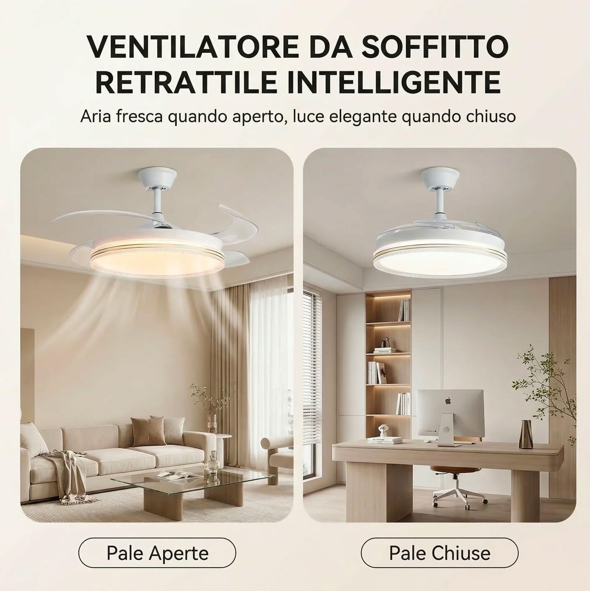 081 Store - Ventilatore da Soffitto con Luce LED e Telecomando, Pale Retrattili Trasparenti, 6 Velocità, 3 Tonalità di Luce, Timer 1/2/4/8H, Motore DC Reversibile Silenzioso, 48 Pollici 120 cm