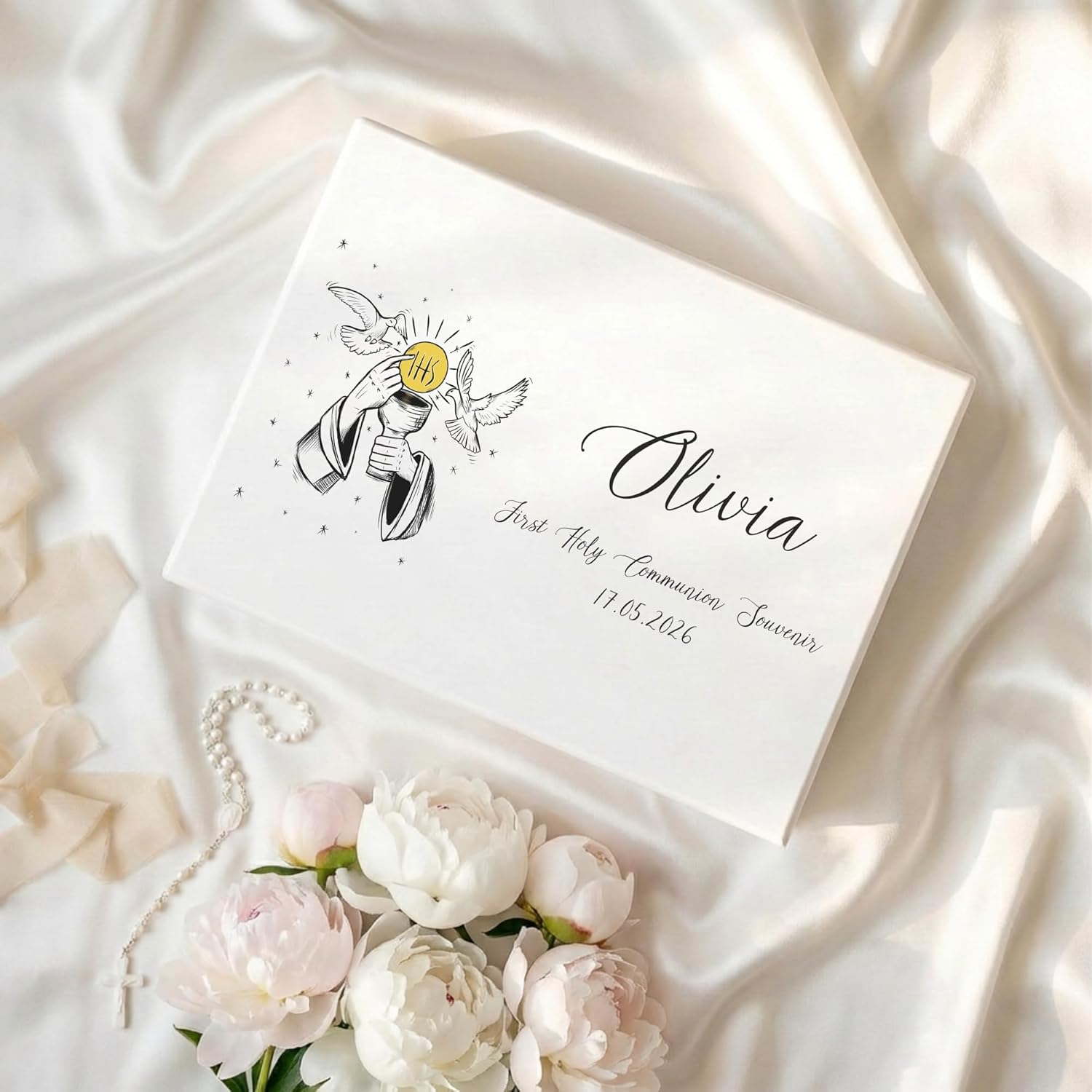 Personalized White Wooden Storage Box Communion | 15.8x11.8x5.5in (+-0.5) | Minimalistic | Hinged Lid Engraving | Unpainted Gift Box | Rough UNSANDED Keepsake Souvenir Chest