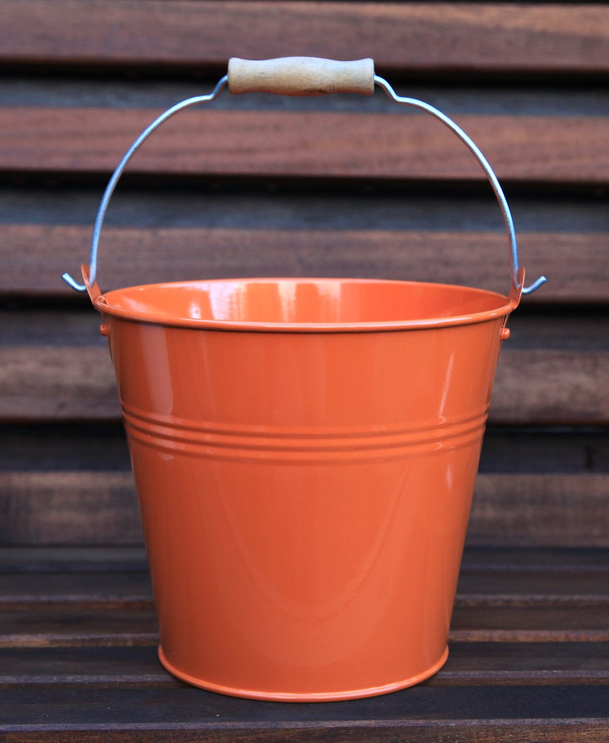 16CM METAL TIN HERB FLOWER BUCKET WITH WOODEN HANDLE POT PLANTER SWEET TREE (orange)
