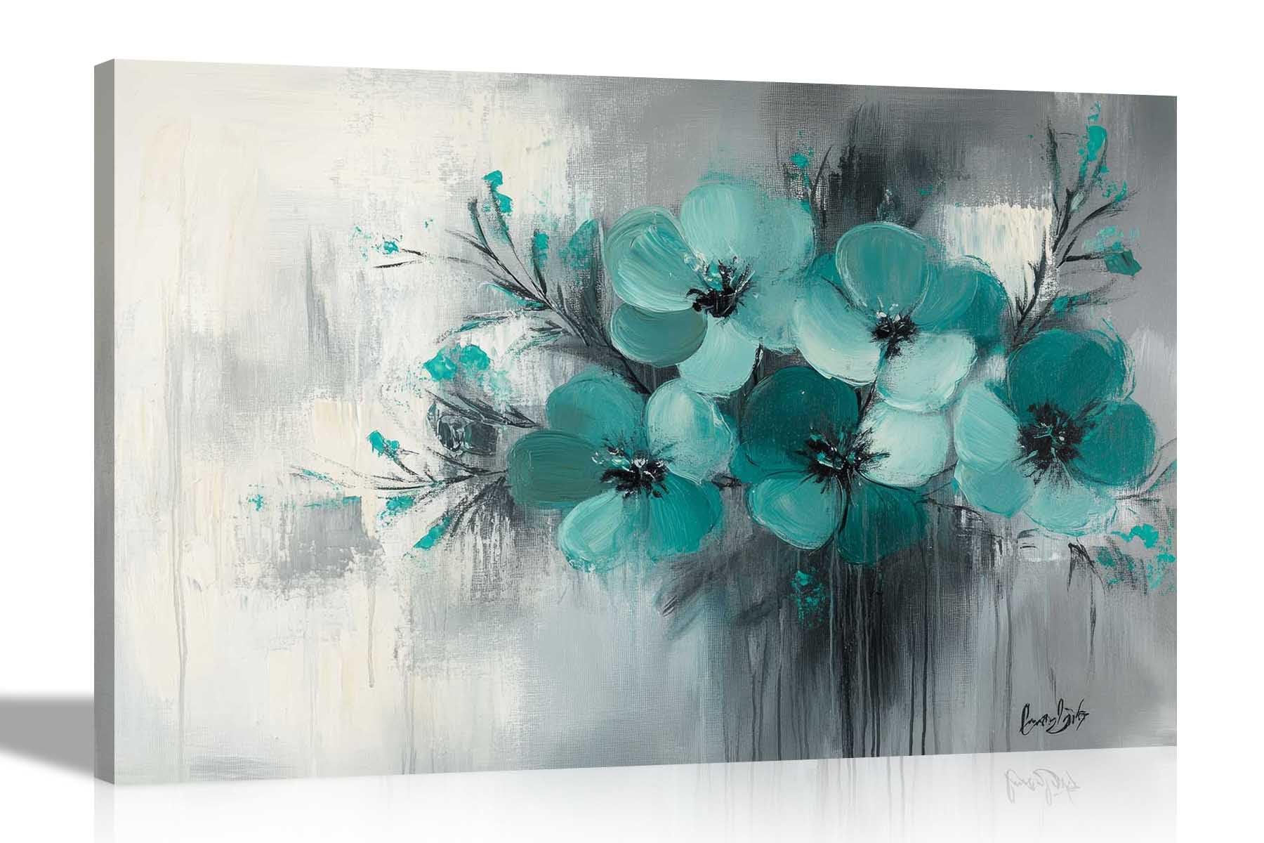 Artley Prints Teal Abstrac Flowers Vase - Abstract Teal Flower Bouquet Grey White Background Canvas Wall Art Flower Print For Living Room Décor Home Office 76 X 50Cm (30 X 20 Inches)